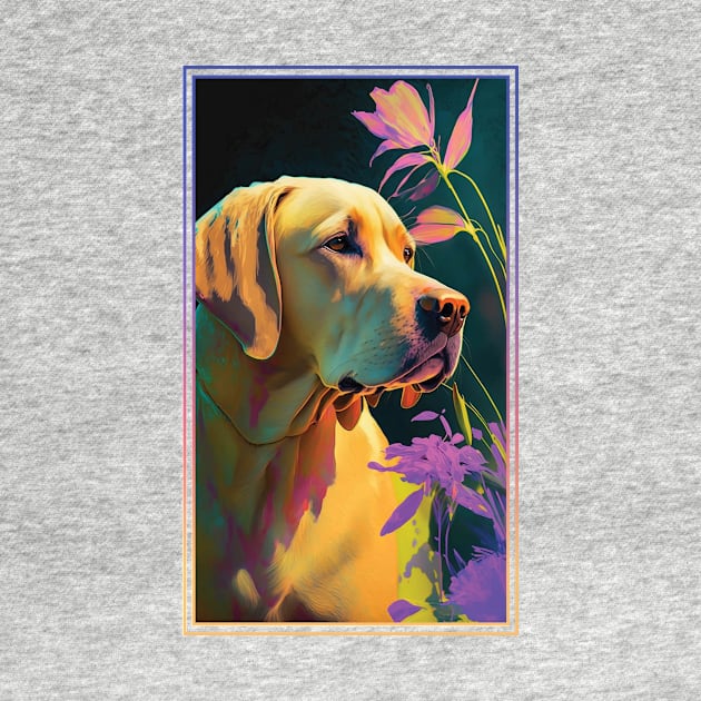 Labrador Retriever Dog Vibrant Tropical Flower Tall Digital Oil Painting Portrait by ArtHouseFlunky